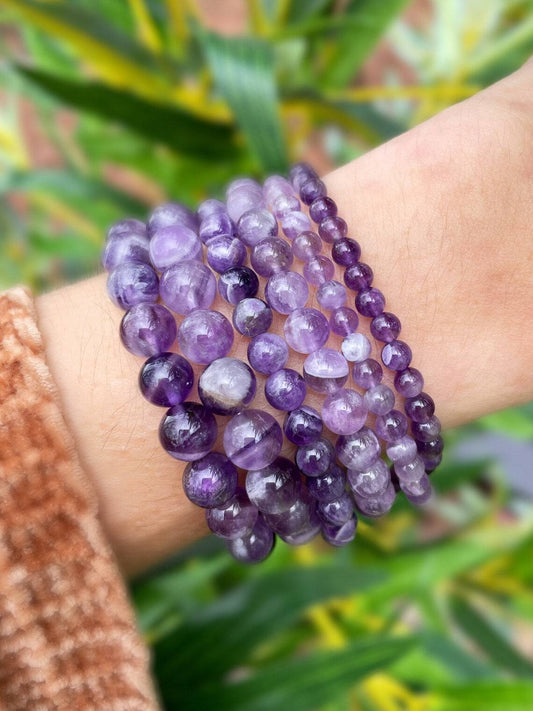 Amethyst Elastic Bracelet for Men and Women by Ancient Wellness - Real Amethyst Beads in 4mm, 8mm, and 10mm Sizes.