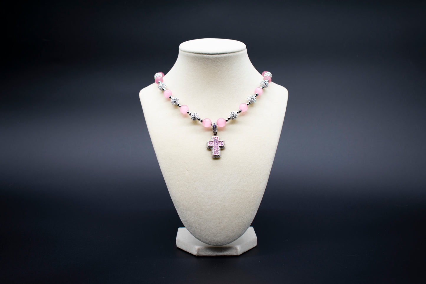 Pink Cat's Eye Bling Pink Cross Beaded Necklace - Ancient Wellness