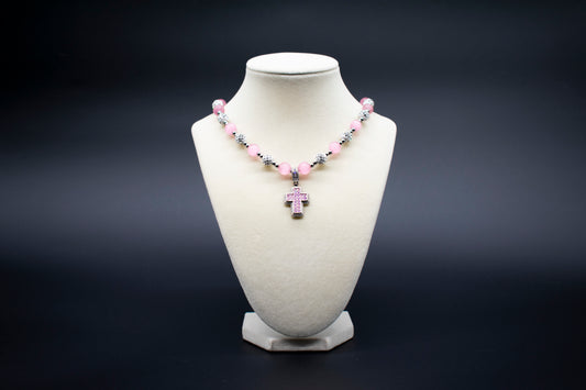 Pink Cat's Eye Bling Pink Cross Beaded Necklace - Ancient Wellness