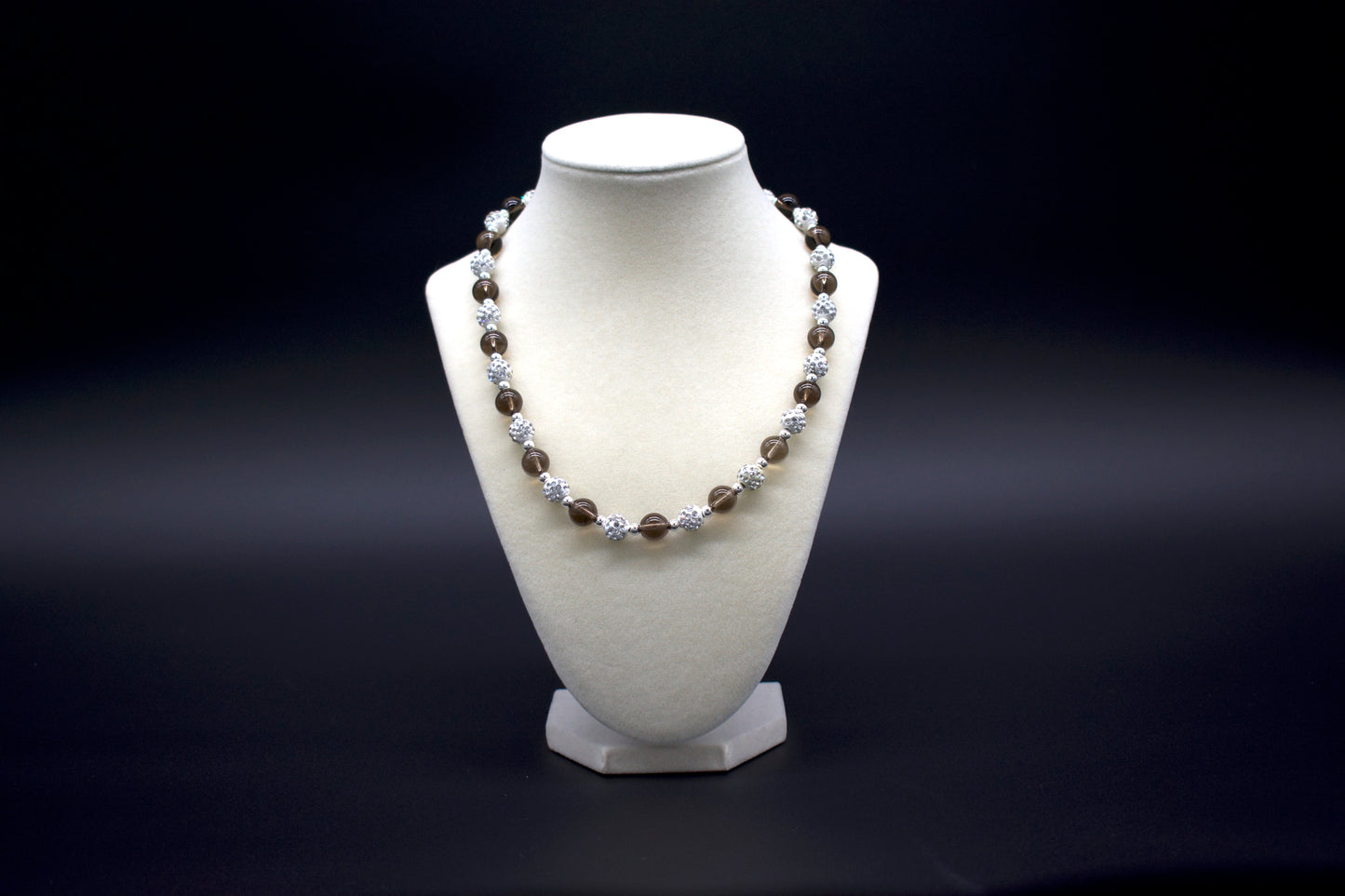 Custom beaded smoky quartz necklace from Ancient Wellness, handcrafted with genuine smoky quartz crystals, symbolizing grounding, protection, and emotional healing, suitable for both men and women.
