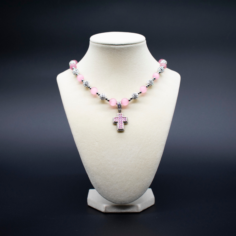 Pink Cat's Eye Bling Cross Necklace with Cross Pendant - Custom Beaded Jewelry for Women and Girls, Symbolizing Love, Protection, and Intuition.