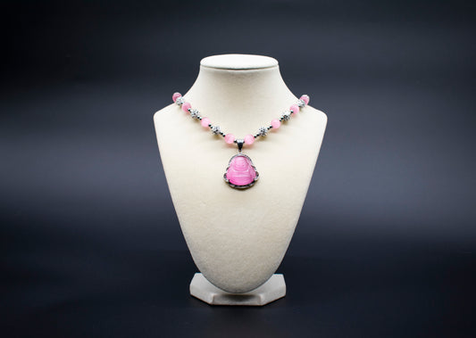 Custom Beaded Pink Cat’s Eye Bling Laughing Buddha Necklace, symbolizing joy, abundance, and positive energy, perfect for women and girls.
