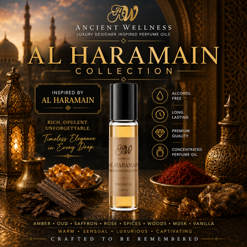 Ancient Wellness Al Haramain Inspired Perfume Oils collection featuring alcohol-free concentrated perfume oil with amber, oud wood, saffron, rose, vanilla, musk, incense, exotic spices, and luxurious Middle Eastern-inspired fragrance notes.