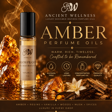 Luxury amber perfume oil collection featuring Ancient Wellness perfume oil bottle surrounded by glowing amber, vanilla, and rich woody accords.