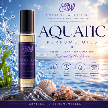 Ancient Wellness Aquatic Perfume Oils collection cover with luxury perfume oil bottle against a blue ocean backdrop featuring fresh aquatic and marine-inspired fragrances.