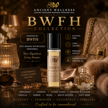 Ancient Wellness Better World Fragrance House Inspired Perfume Oils collection featuring luxury alcohol-free concentrated perfume oil with premium niche-inspired fragrances, long-lasting performance, and elegant golden luxury styling.