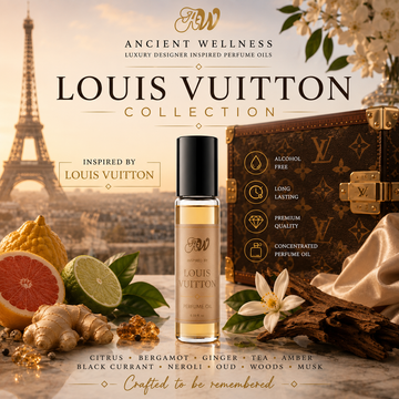 Ancient Wellness Louis Vuitton Inspired Perfume Oils collection featuring alcohol-free concentrated perfume oil with bergamot, citrus, ginger, black tea, amber, woods, Paris-inspired scenery, and luxury French-inspired fragrance notes.