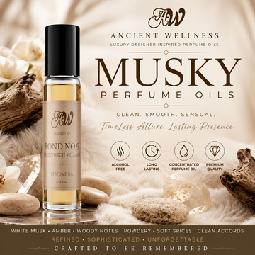 Ancient Wellness Musky Perfume Oils collection featuring alcohol-free concentrated perfume oil with white musk, amber, woody notes, powdery accords, clean skin musk, and soft floral notes.