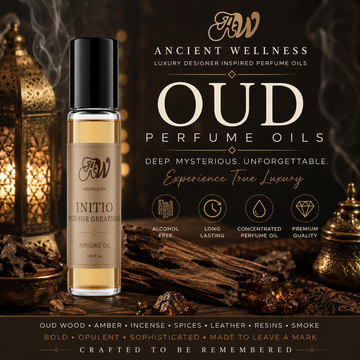Ancient Wellness Oud Perfume Oils collection featuring alcohol-free concentrated perfume oil with oud wood, amber, incense, leather, smoky resins, exotic spices, and luxurious Middle Eastern-inspired fragrance notes.