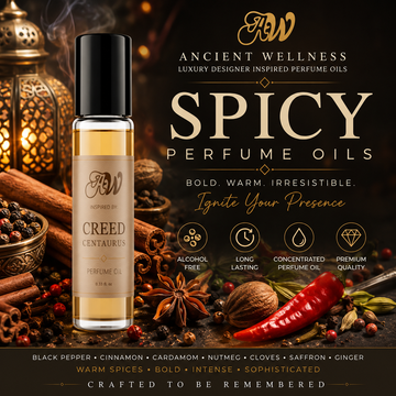 Ancient Wellness Spicy Perfume Oils collection featuring alcohol-free concentrated perfume oil with black pepper, cinnamon, cardamom, clove, saffron, nutmeg, ginger, and warm aromatic spice notes.