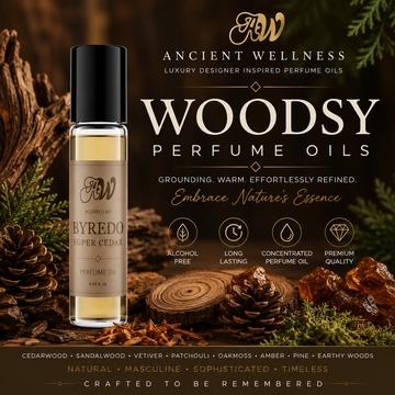 Ancient Wellness Woodsy Perfume Oils collection featuring alcohol-free concentrated perfume oil with cedarwood, sandalwood, vetiver, patchouli, oakmoss, pine, amber, and rich forest-inspired fragrance