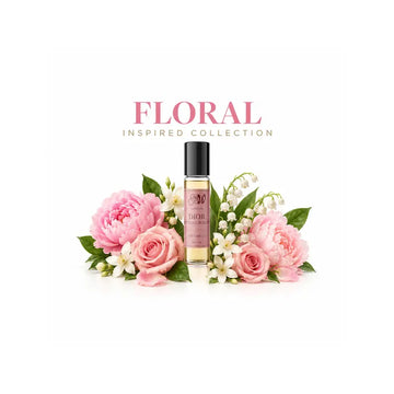 Ancient Wellness Floral Perfume Oils collection featuring alcohol-free concentrated perfume oil with rose, jasmine, peony, lily, iris, and orange blossom floral notes.