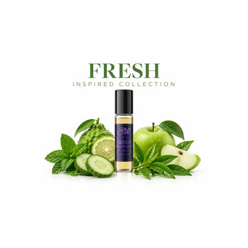 Ancient Wellness Fresh Perfume Oils collection featuring alcohol-free concentrated perfume oil with citrus, green tea, bergamot, aquatic notes, fresh herbs, and soft musk.