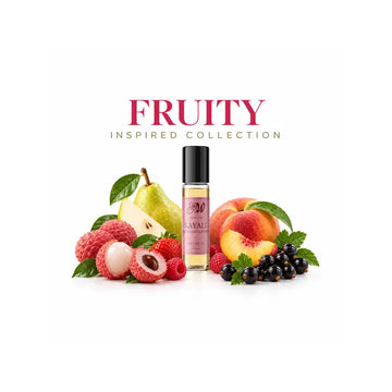 Ancient Wellness Fruity Perfume Oils collection featuring alcohol-free concentrated perfume oil with lychee, strawberry, raspberry, blueberry, blackberry, peach, passion fruit, and tropical fruit notes.