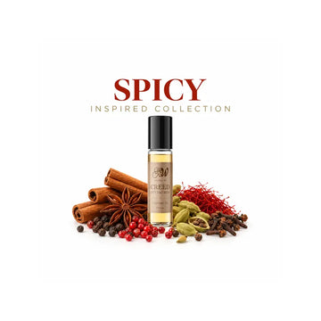 Ancient Wellness Spicy Perfume Oils collection featuring alcohol-free concentrated perfume oil with black pepper, cinnamon, cardamom, clove, saffron, nutmeg, ginger, and warm aromatic spice notes.