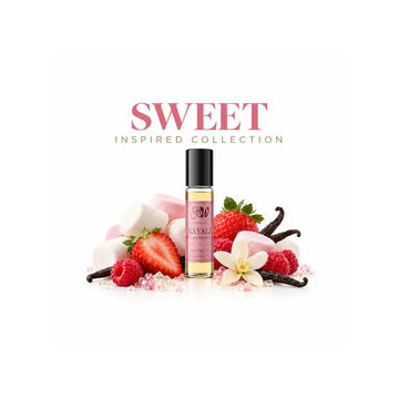 Ancient Wellness Sweet Perfume Oils collection featuring alcohol-free concentrated perfume oil with marshmallow, vanilla, strawberry, caramel, sugar, candied berries, cotton candy, and dessert-inspired fragrance notes.