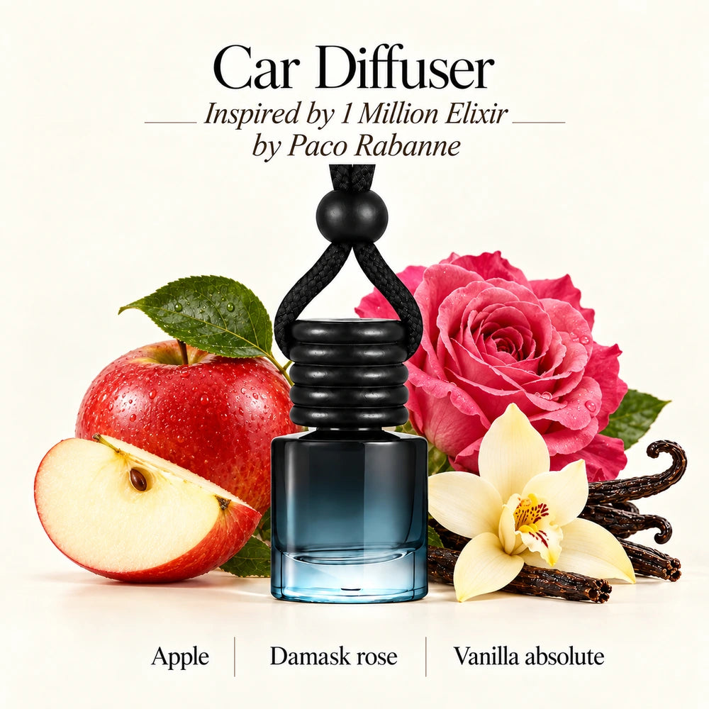 1 Million Elixir Inspired by Paco Rabanne car diffuser with Apple, Damask rose, Vanilla absolute scent imagery by Ancient Wellness