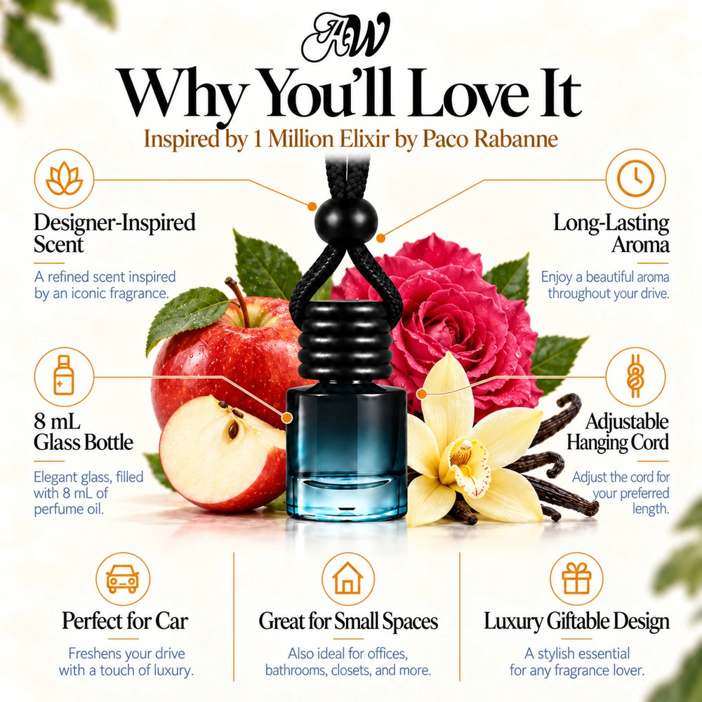 1 Million Elixir Inspired by Paco Rabanne car diffuser with Apple, Damask rose, Vanilla absolute scent imagery by Ancient Wellness