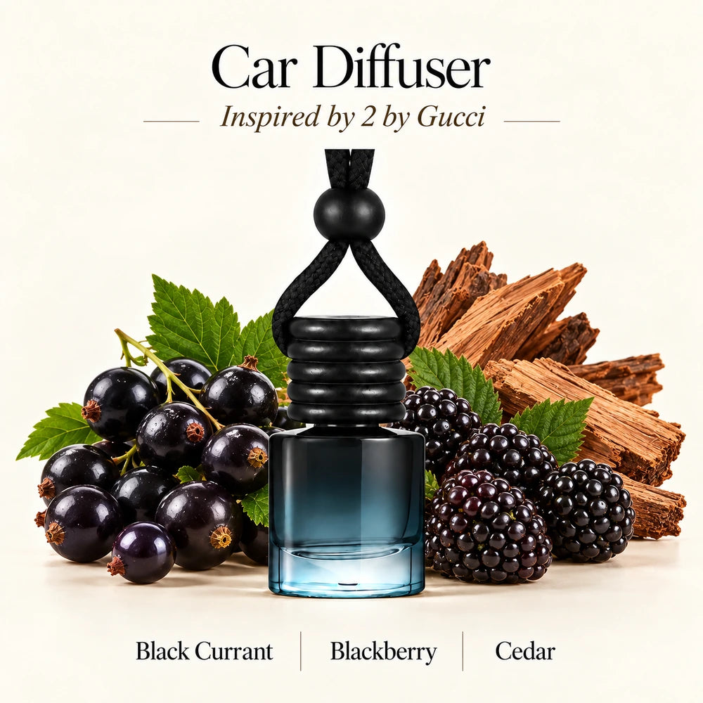 2 Inspired by Gucci car diffuser with Black Currant, Blackberry, Cedar scent imagery by Ancient Wellness