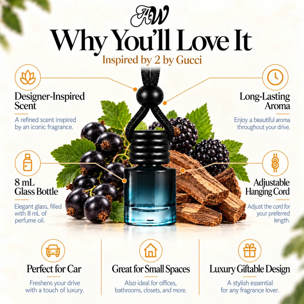 2 car diffuser benefits infographic with Black Currant, Blackberry, Cedar imagery by Ancient Wellness