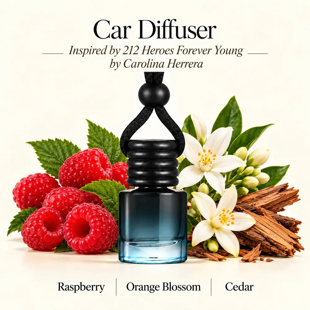 212 Heroes Forever Young inspired by Carolina Herrera car diffuser with raspberry, orange blossom and cedar