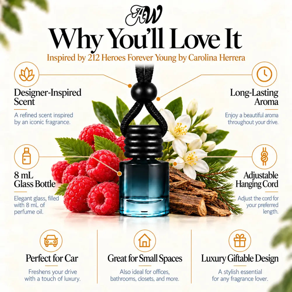 Why You’ll Love It infographic for 212 Heroes Forever Young inspired by Carolina Herrera car diffuser
