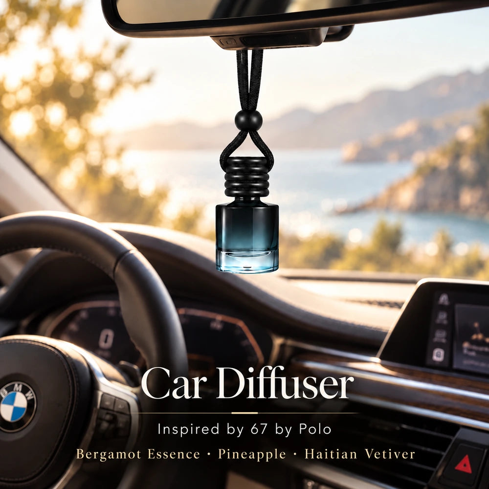 67 Inspired by Polo car diffuser hanging in a BMW interior with Bergamot Essence, Pineapple, Haitian Vetiver notes