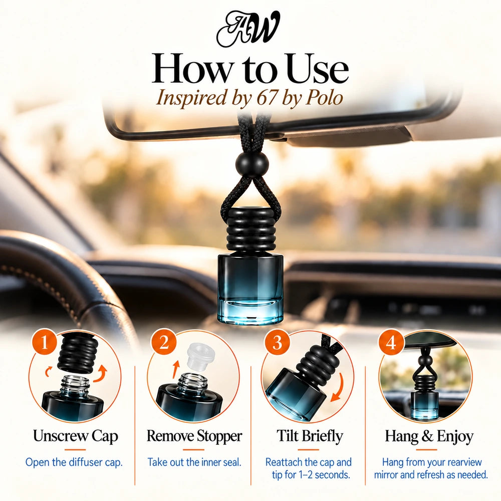 67 car diffuser hanging in a car with four illustrated setup steps