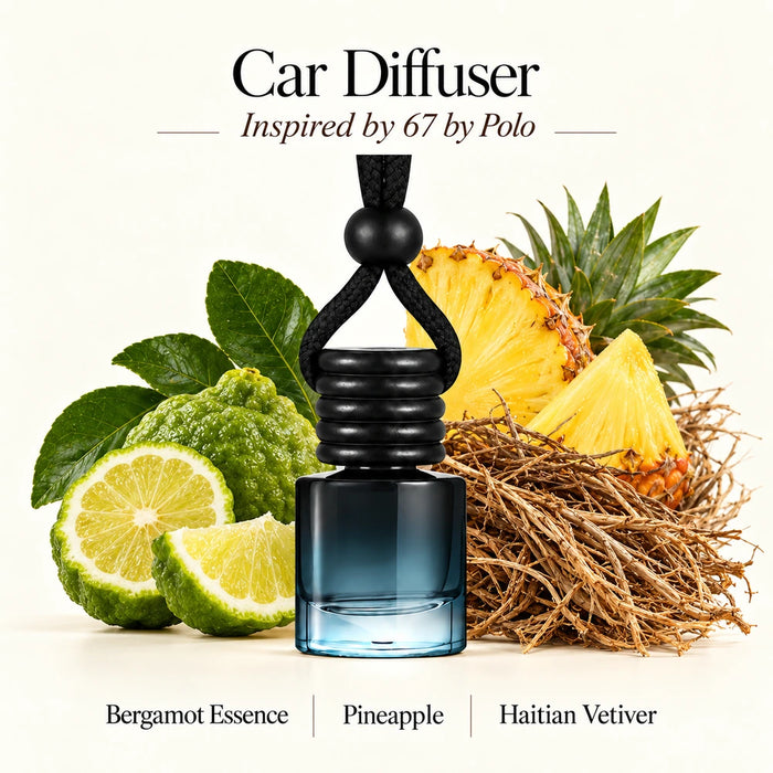 67 Inspired by Polo car diffuser with Bergamot Essence, Pineapple, Haitian Vetiver scent imagery by Ancient Wellness