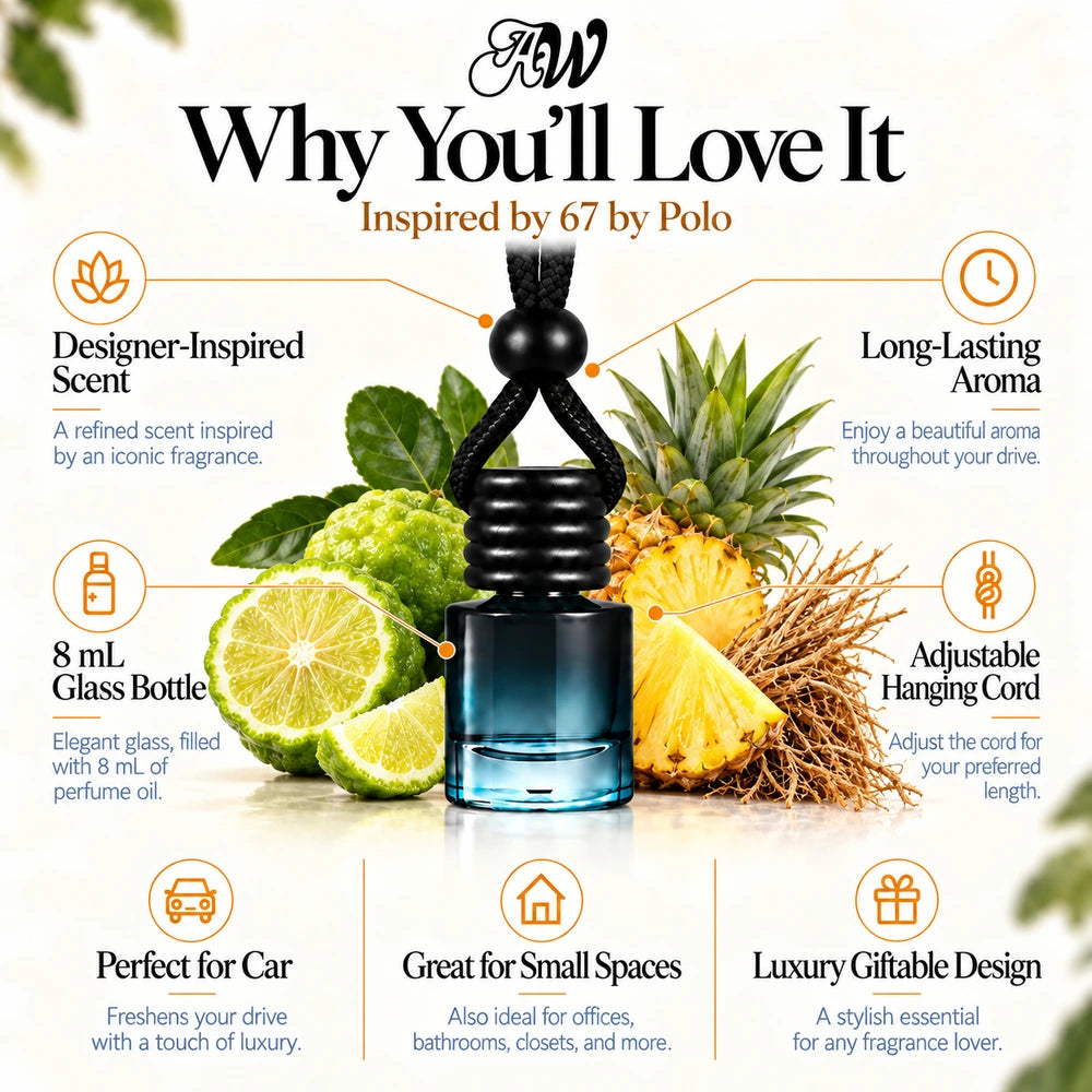 67 car diffuser benefits infographic with Bergamot Essence, Pineapple, Haitian Vetiver imagery by Ancient Wellness