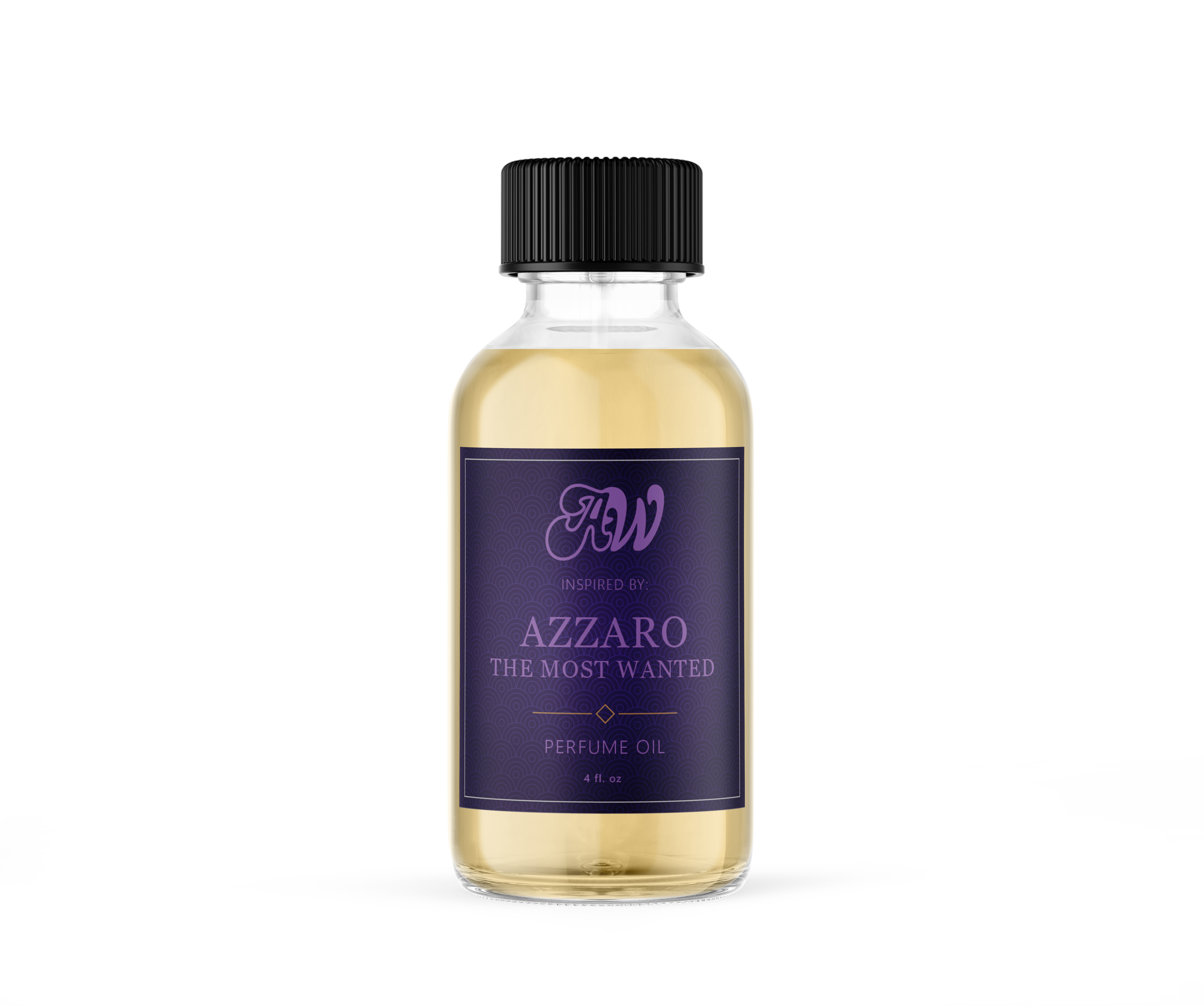 A 4 oz bottle of Azzaro The Most Wanted perfume oil by Ancient Wellness, with sleek packaging and fragrance label visible.