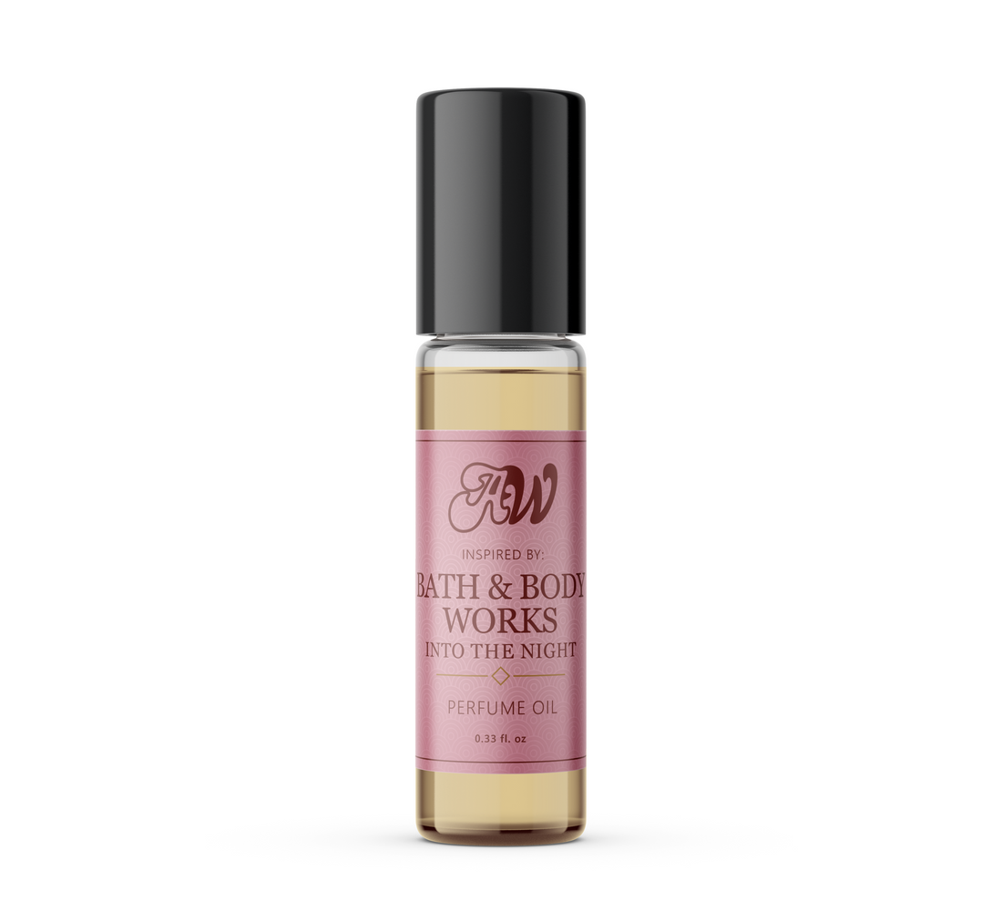 Perfume oil bottle labeled 'Inspired by Bath And Body Works Into The Night' on a white background