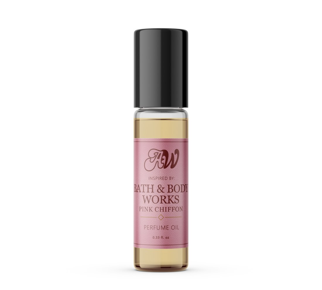 Perfume oil bottle labeled 'Inspired by Bath and Body Works Pink Chiffon' on a white background