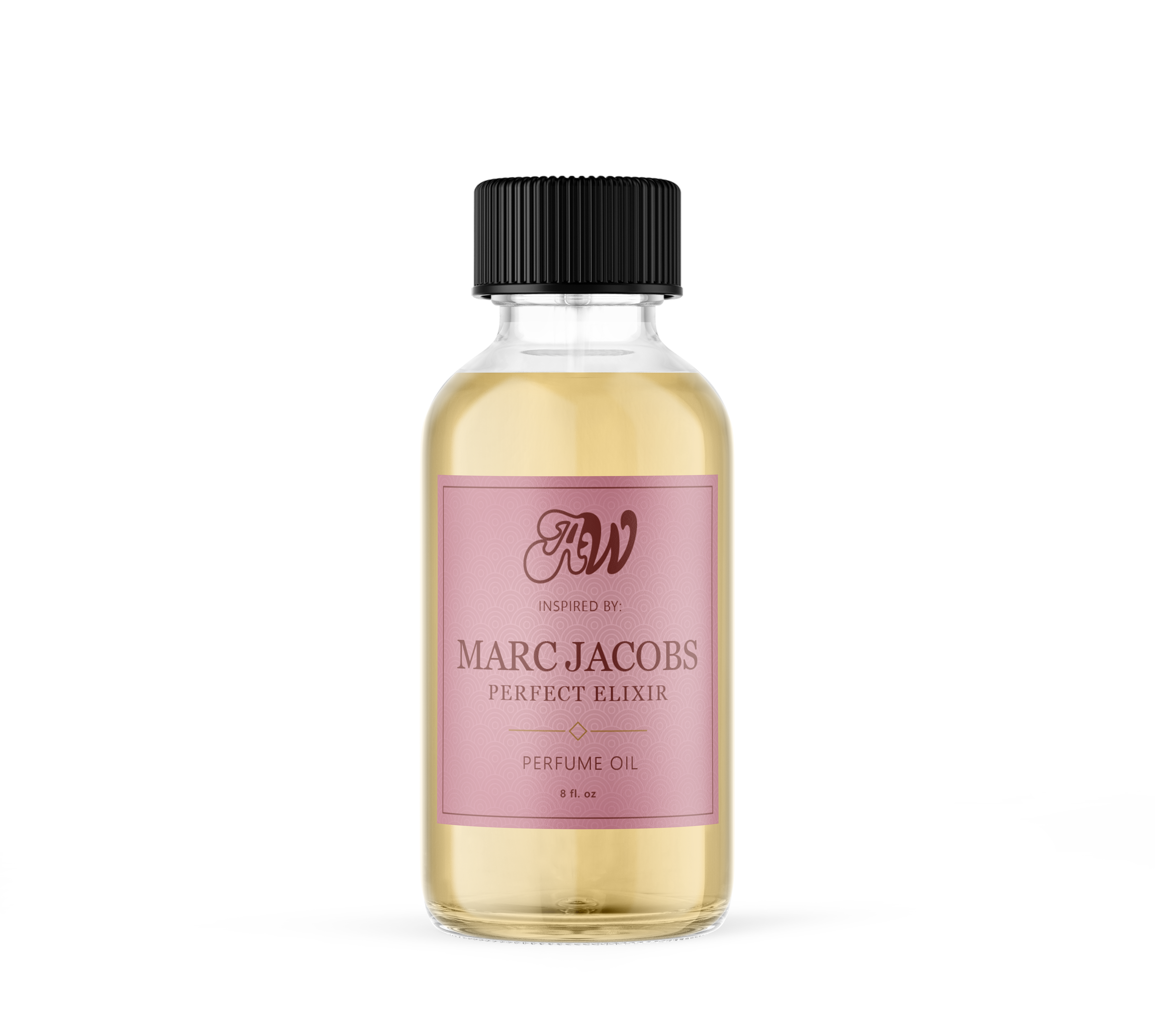 Ancient Wellness Marc Jacobs Perfect Elixir perfume oil bottle, 8 oz, elegant packaging with a clear glass container and silver cap.