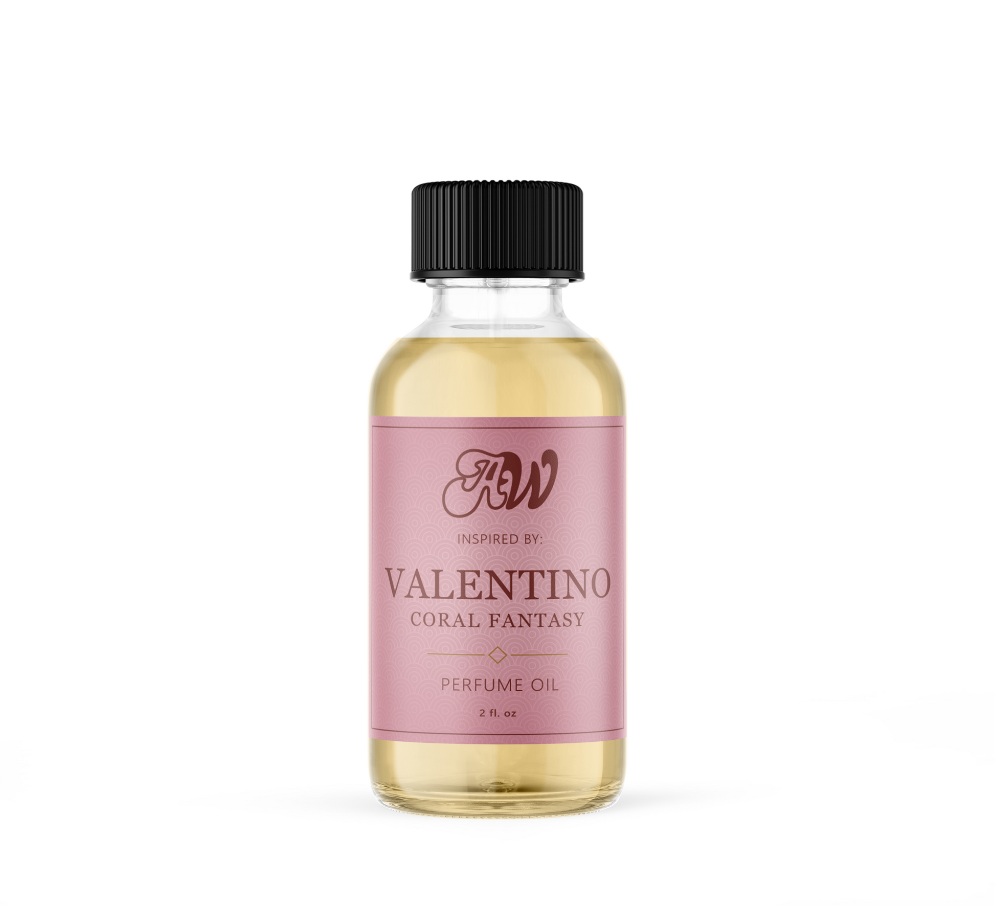 Ancient Wellness Valentino Coral Fantasy perfume oil in a 2 oz bottle, featuring a vibrant coral-colored design.