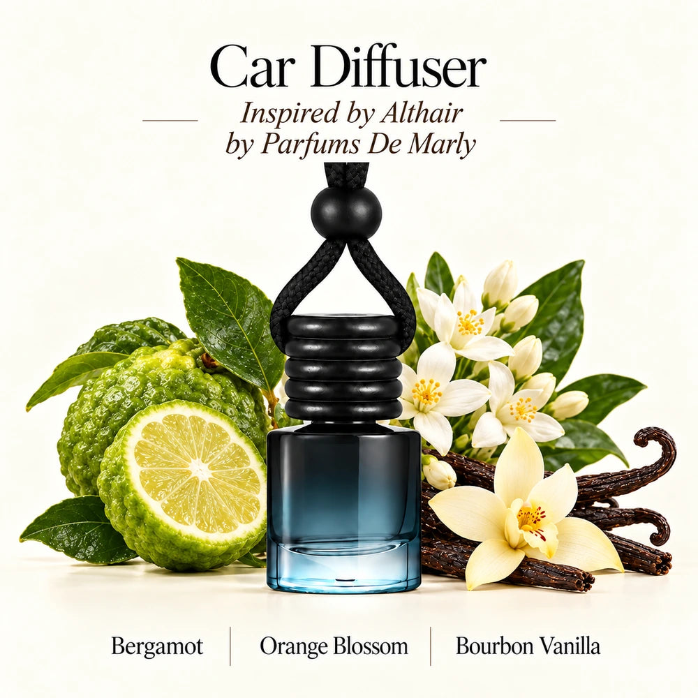 Althair Inspired by Parfums De Marly car diffuser with Bergamot, Orange Blossom, Bourbon Vanilla scent imagery by Ancient Wellness