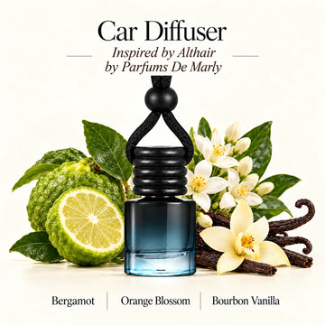 Althair Inspired by Parfums De Marly car diffuser with Bergamot, Orange Blossom, Bourbon Vanilla scent imagery by Ancient Wellness