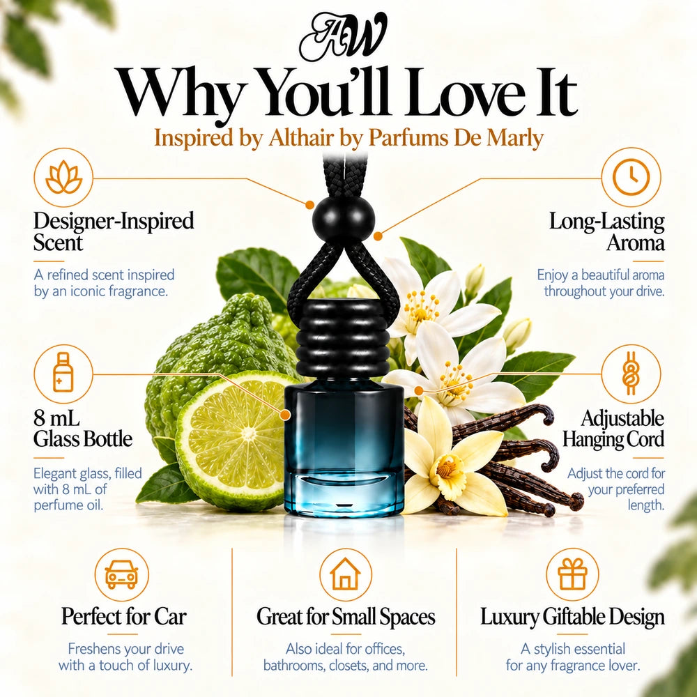 Althair car diffuser benefits infographic with Bergamot, Orange Blossom, Bourbon Vanilla imagery by Ancient Wellness