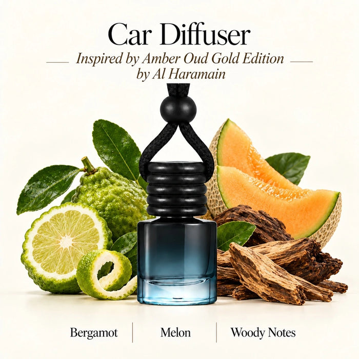 Amber Oud Gold Edition inspired by Al Haramain car diffuser with bergamot, melon and wood imagery by Ancient Wellness