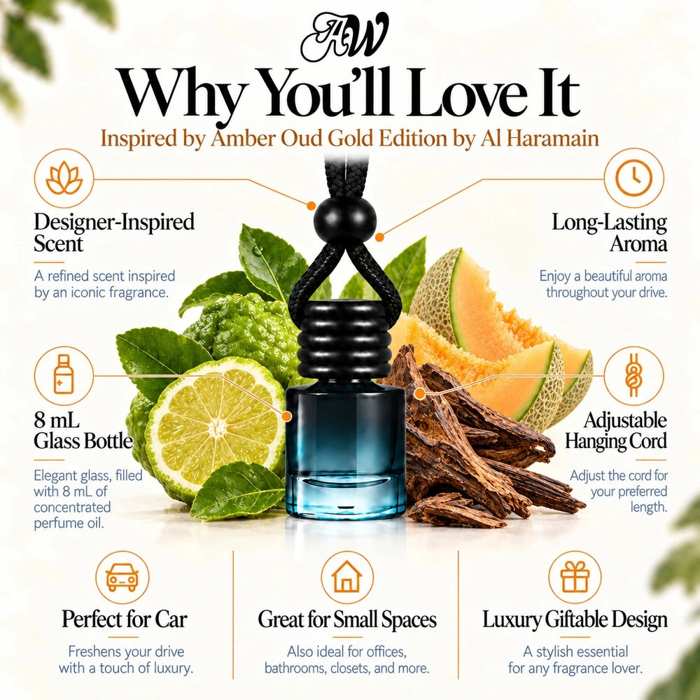 Amber Oud Gold Edition inspired by Al Haramain car diffuser with bergamot, melon and wood imagery by Ancient Wellness