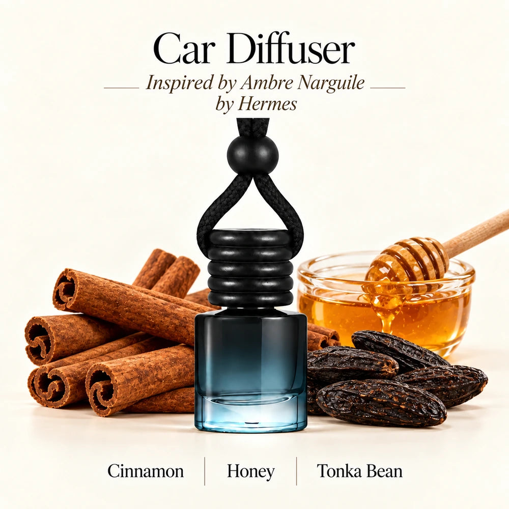 Ambre Narguile Inspired by Hermes car diffuser with Cinnamon, Honey, Tonka Bean scent imagery by Ancient Wellness