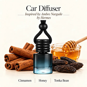 Ambre Narguile Inspired by Hermes car diffuser with Cinnamon, Honey, Tonka Bean scent imagery by Ancient Wellness
