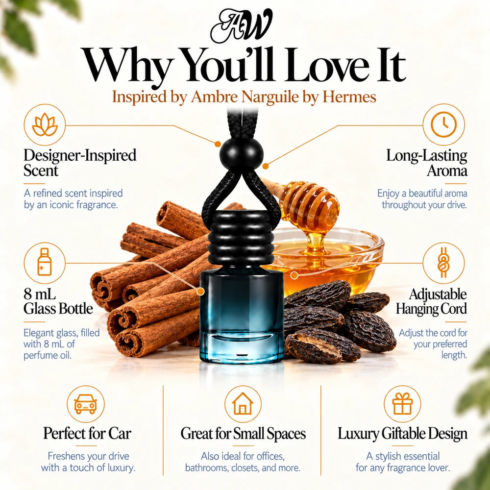 Ambre Narguile Inspired by Hermes car diffuser with Cinnamon, Honey, Tonka Bean scent imagery by Ancient Wellness