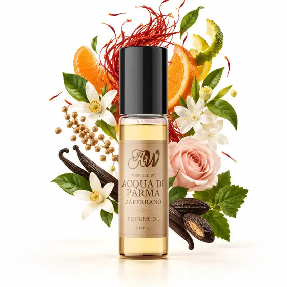 Ancient Wellness unisex alcohol-free perfume oil inspired by Acqua Di Parma: Zafferano with fragrance notes and bottle