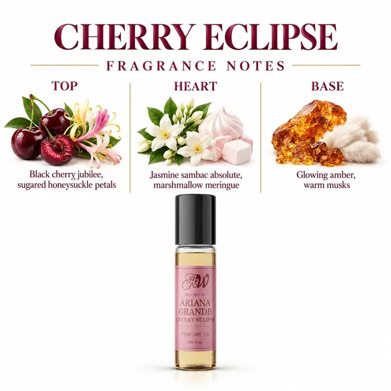 Ancient Wellness women’s alcohol-free perfume oil inspired by Ariana Grande: Cherry Eclipse with fragrance notes and bottle