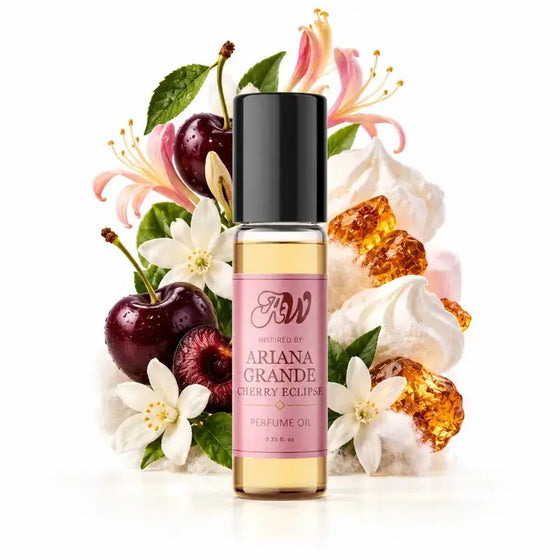 Ancient Wellness women’s alcohol-free perfume oil inspired by Ariana Grande: Cherry Eclipse with fragrance notes and bottle