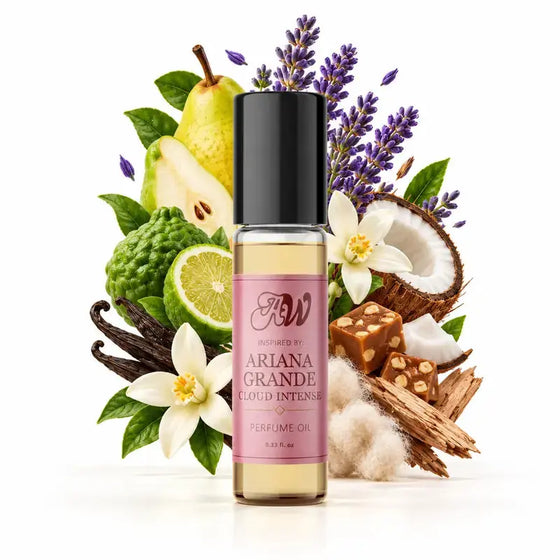 Ancient Wellness women’s alcohol-free perfume oil inspired by Ariana Grande: Cloud Intense with fragrance notes and bottle