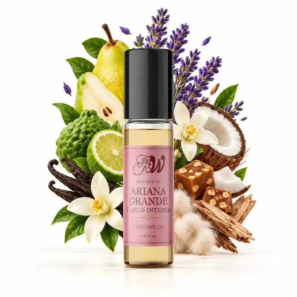 Ancient Wellness women’s alcohol-free perfume oil inspired by Ariana Grande: Cloud Intense with fragrance notes and bottle