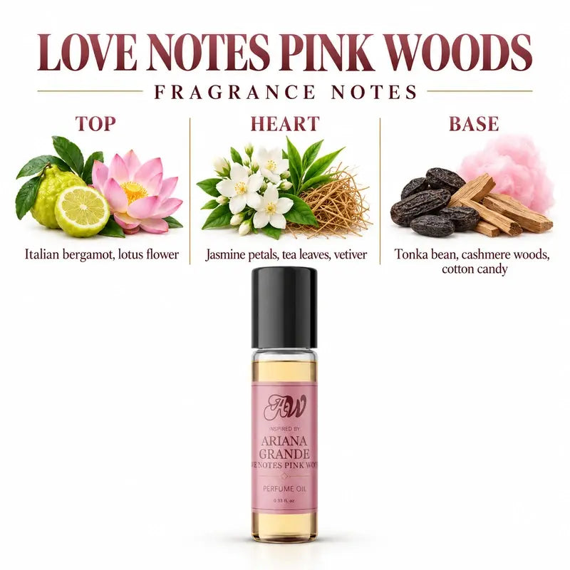 Ancient Wellness women’s alcohol-free perfume oil inspired by Ariana Grande: Love Notes Pink Woods with fragrance notes and bottle