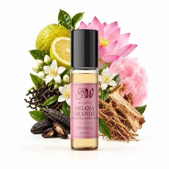 Ancient Wellness women’s alcohol-free perfume oil inspired by Ariana Grande: Love Notes Pink Woods with fragrance notes and bottle